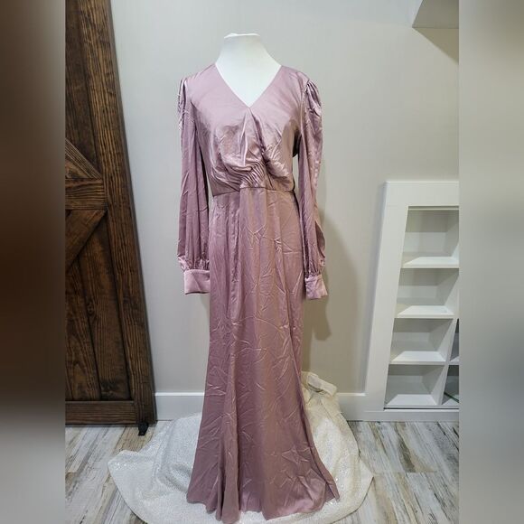 Mac Duggal SATIN RUCHED BISHOP SLEEVE GOWN NWT size 14 Rose Pink (55635) - Picture 4 of 6